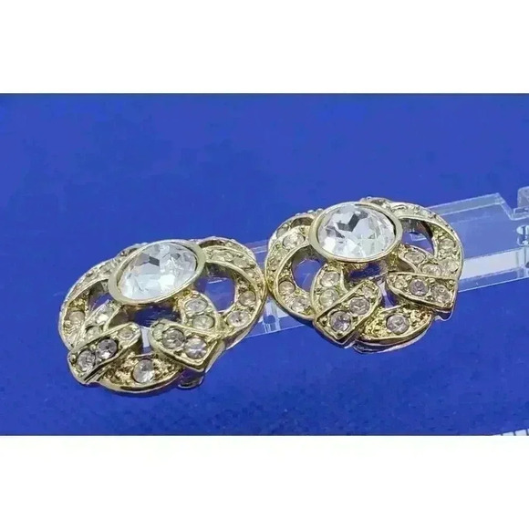 Vintage Trifari Earrings Gold & Clear Rhinestone Pierced Ribbon Design - Picture 4 of 9